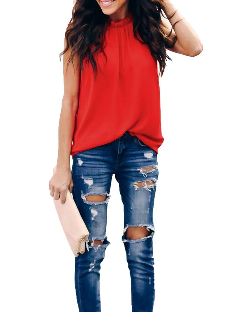 Allimy Women Summer Casual Chiffon Sleeveless Tank Tops Blouses Work Shirts Tunics Red Medium - Image 4